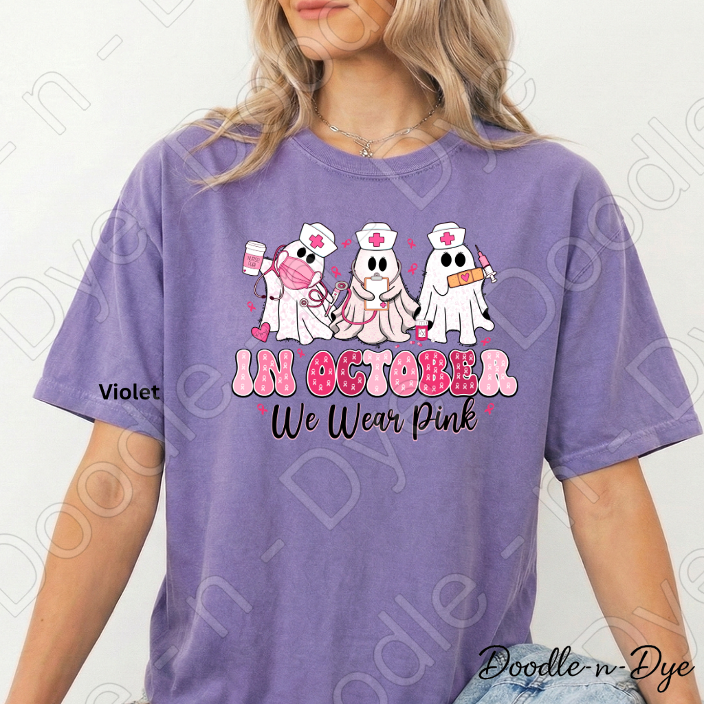 In October We Wear Pink Shirt | Breast Cancer Awareness Nurse Ghost Tee | Comfort Colors 1717 | Cute Halloween Pink Shirt | Healthcare Support Tee