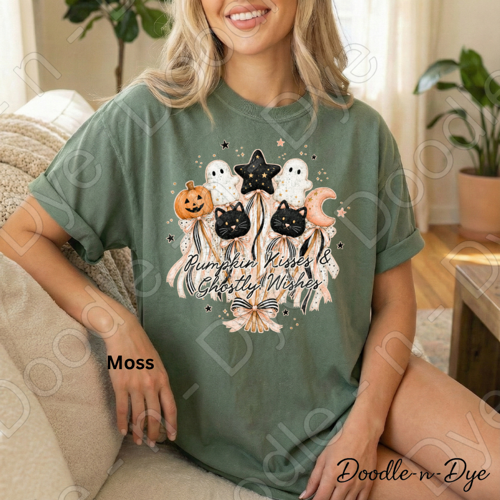 Pumpkin Kisses & Ghostly Wishes Shirt, Cute Halloween Tee, Comfort Colors Halloween Shirt, Ghost Pumpkin Cat Tee, Coquette Fall Shirt