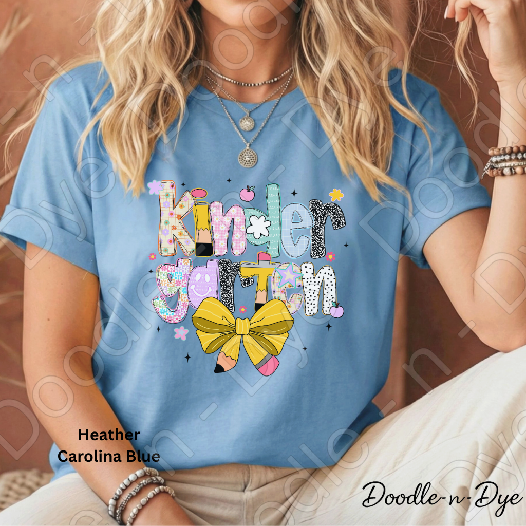 Kindergarten Teacher Shirt with Pencil Bow – Bella + Canvas Back‑to‑School Tee for Teachers, Staff, Classroom Prep & First‑Day Outfits