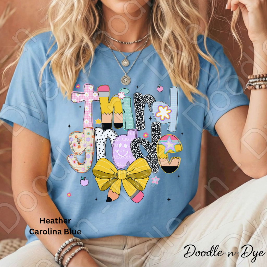 Third Grade Teacher Shirt with Pencil Bow – Bella + Canvas Back‑to‑School Tee for Teachers, Staff, Classroom Prep & First‑Day Outfits