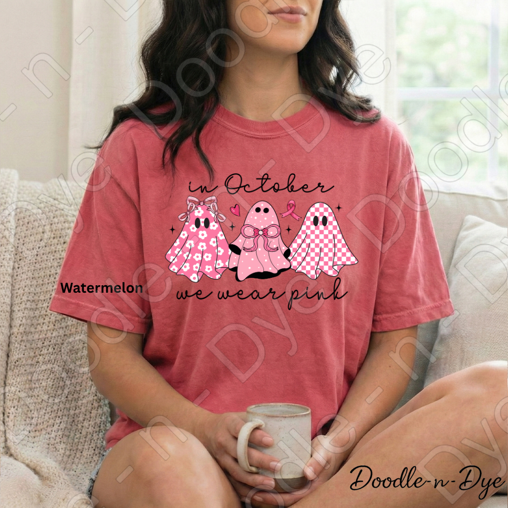 In October We Wear Pink Ghost Shirt | Breast Cancer Awareness Halloween Tee | Comfort Colors 1717 | Pink Ghost Graphic Shirt | October Cancer Support Tee