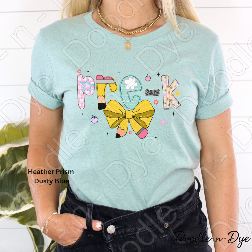 Pre‑K Teacher Shirt with Pencil Bow – Bella + Canvas Back‑to‑School Graphic Tee for Teachers, Staff, Preschool & Classroom Outfits