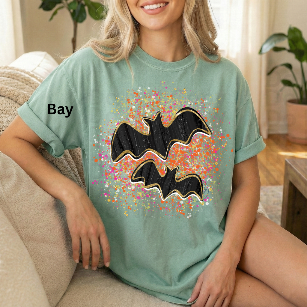 Black Bat Halloween Shirt | Cute Bat Graphic Tee | Spooky Season Shirt | Comfort Colors® 1717 Halloween T-Shirt | Fall Splattered Paint Graphic Tee