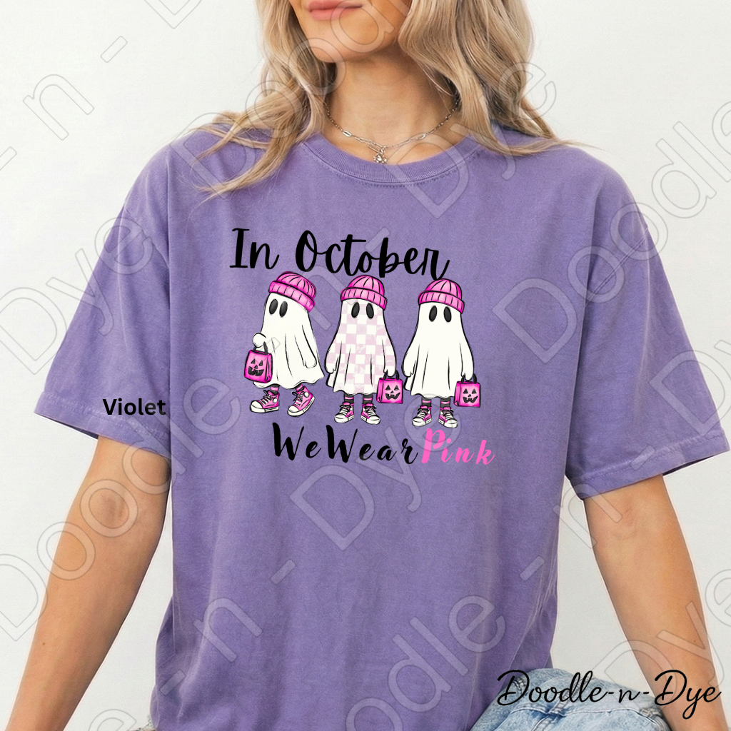 In October We Wear Pink Ghost Shirt | Breast Cancer Awareness Tee | Comfort Colors 1717 | Cute Halloween Ghost Shirt | October Pink Tee