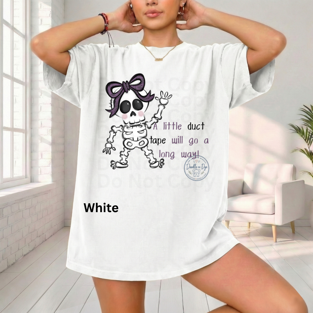 Halloween Skeleton A Little Duct Tape Will Go a Long Way Shirt | Funny Halloween Skeleton Tee | Original Doodle-n-Dye Design | Comfort Colors® 1717 Graphic T-Shirt