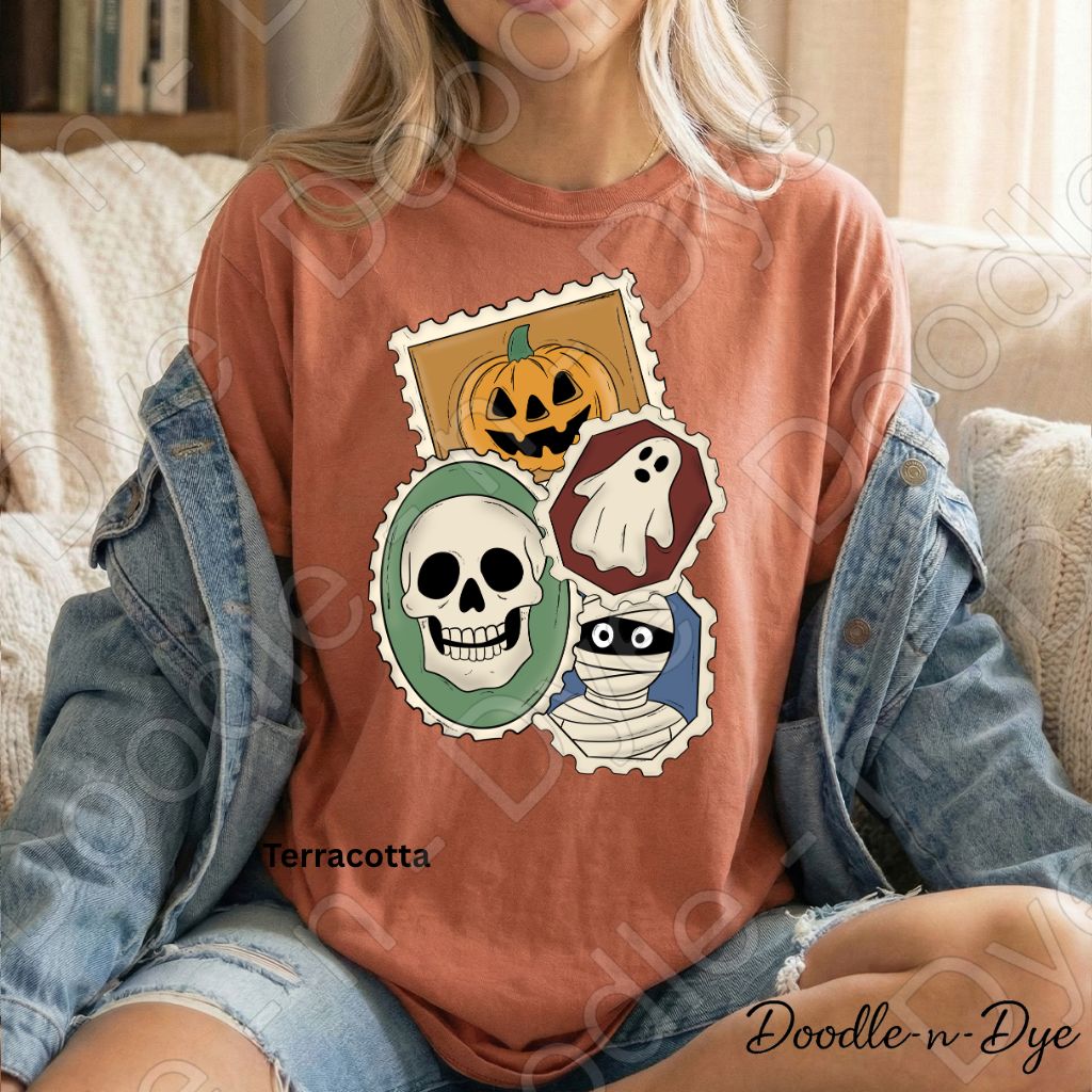 Vintage Halloween Stamp Shirt | Retro Spooky Postage Graphic Tee | Comfort Colors 1717 | Ghost Pumpkin Skull Halloween Shirt