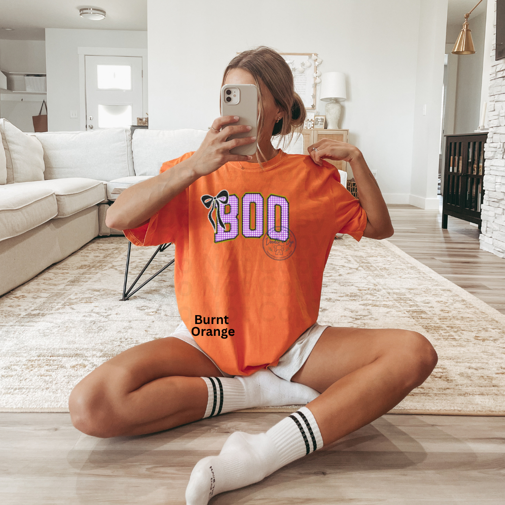 BOO Halloween Shirt | Purple Gingham Ghost Season Tee | Cute Halloween Graphic Shirt | Comfort Colors® 1717 Fall T-Shirt | Coquette Halloween Tee