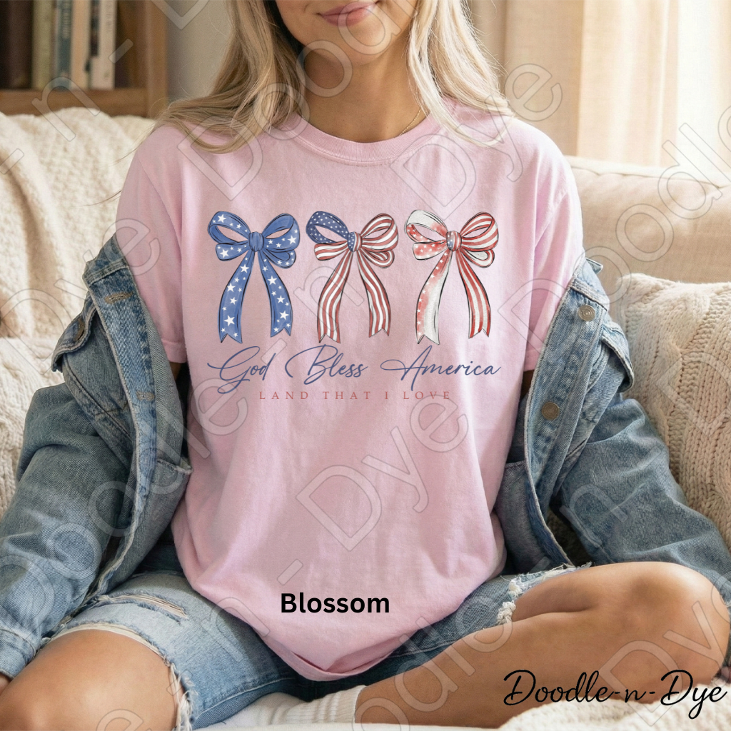 God Bless America Bow Shirt – Patriotic Comfort Colors USA Tee - Land That I love Coquette Bow T-Shirt