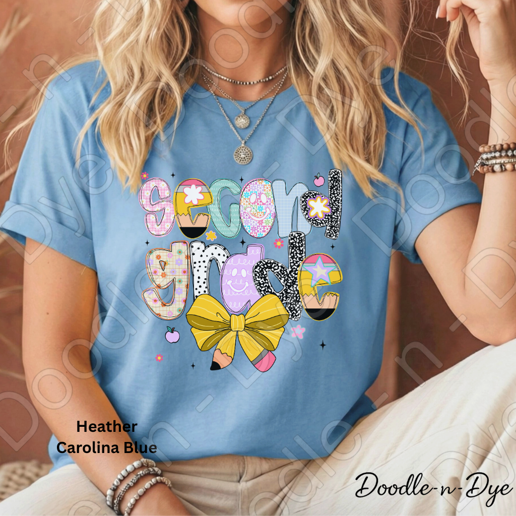 Second Grade Teacher Shirt with Pencil Bow – Bella + Canvas Back‑to‑School Tee for Teachers, Staff, Classroom Prep & First‑Day Outfits