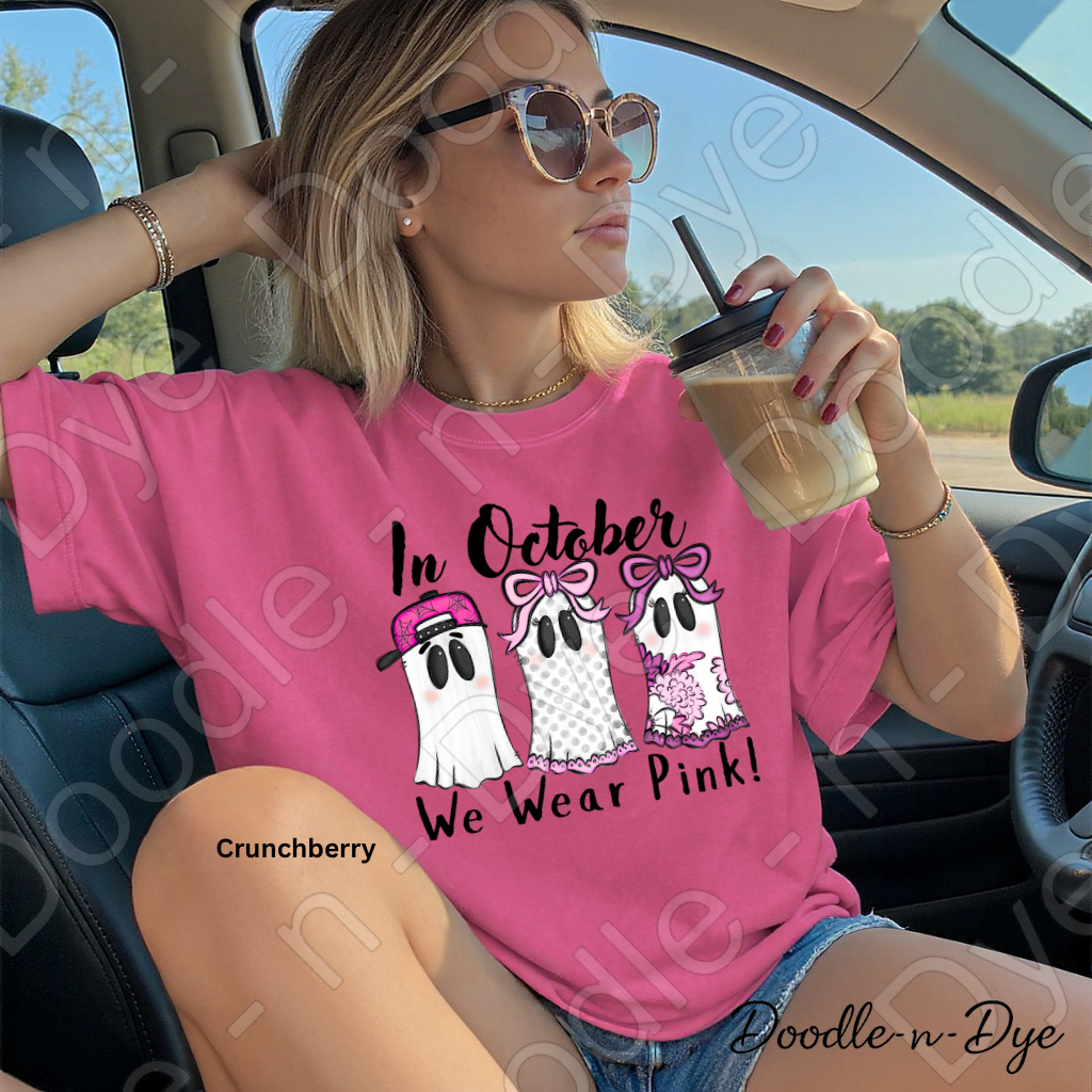 In October We Wear Pink Shirt | Doodle-n-Dye Original | Breast Cancer Awareness Ghost Tee | Comfort Colors 1717 | Cute Halloween Pink Shirt