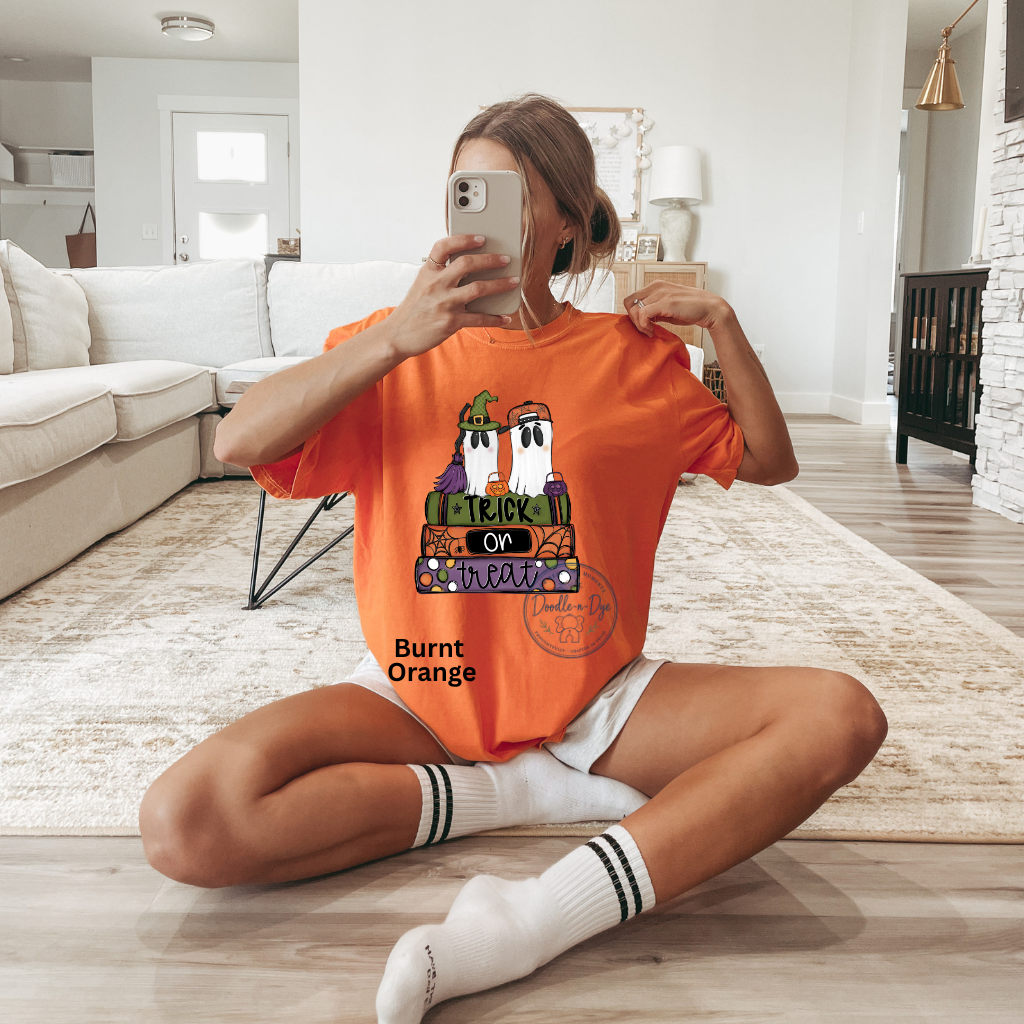 Trick or Treat Ghost Shirt | Original Halloween Ghost Tee | Comfort Colors® 1717 Cute Spooky Shirt | Pumpkin Halloween Graphic Tee