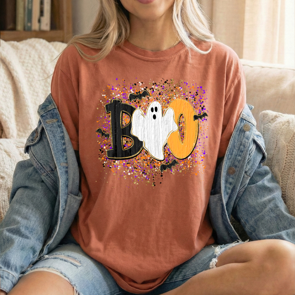 BOO Ghost Shirt | Comfort Colors® 1717 Cute Halloween T-Shirt | Spooky Season Ghost Tee | Bat Halloween Graphic Shirt | Fall Boutique Tee