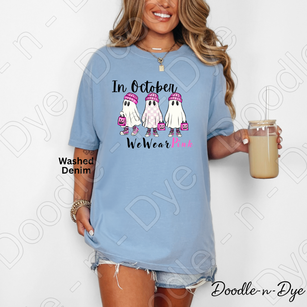 In October We Wear Pink Ghost Shirt | Breast Cancer Awareness Tee | Comfort Colors 1717 | Cute Halloween Ghost Shirt | October Pink Tee
