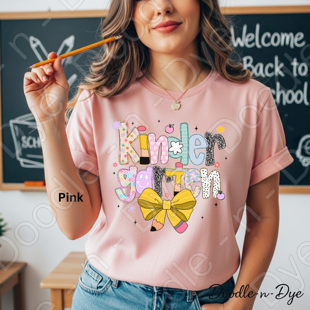 Kindergarten Teacher Shirt with Pencil Bow – Bella + Canvas Back‑to‑School Tee for Teachers, Staff, Classroom Prep & First‑Day Outfits