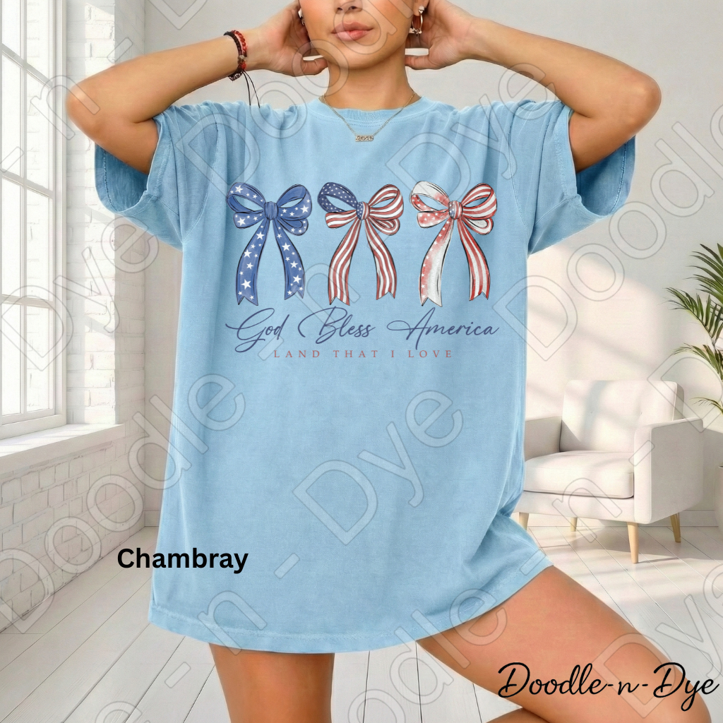 God Bless America Bow Shirt – Patriotic Comfort Colors USA Tee - Land That I love Coquette Bow T-Shirt