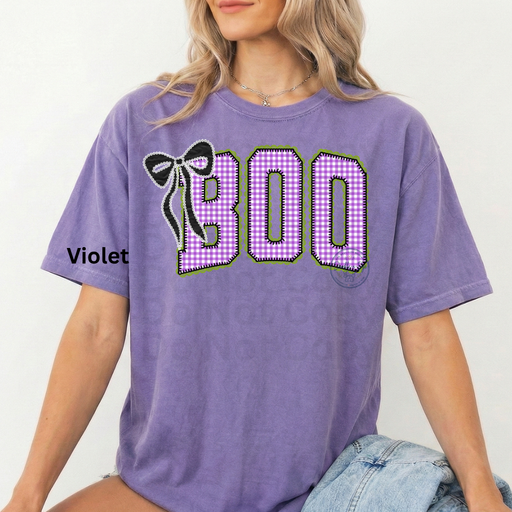 BOO Halloween Shirt | Purple Gingham Ghost Season Tee | Cute Halloween Graphic Shirt | Comfort Colors® 1717 Fall T-Shirt | Coquette Halloween Tee