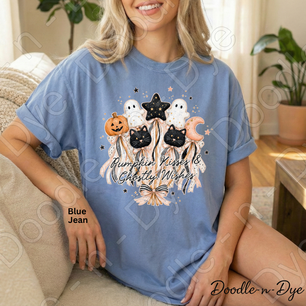 Pumpkin Kisses & Ghostly Wishes Shirt, Cute Halloween Tee, Comfort Colors Halloween Shirt, Ghost Pumpkin Cat Tee, Coquette Fall Shirt