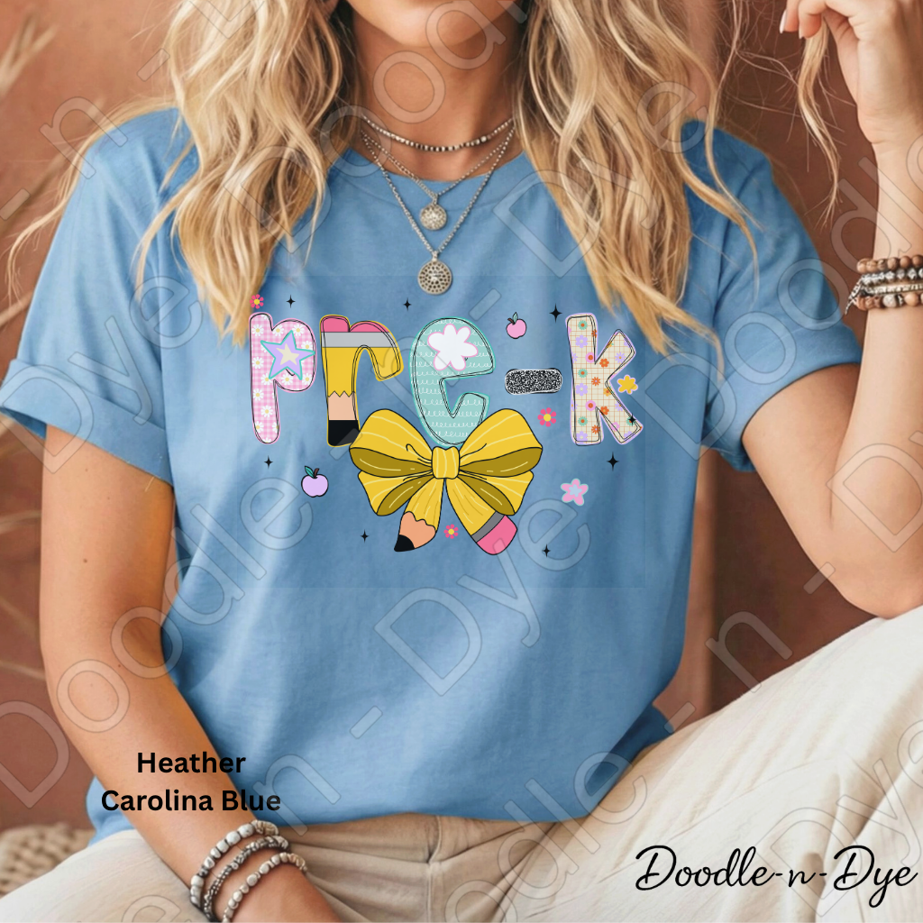 Pre‑K Teacher Shirt with Pencil Bow – Bella + Canvas Back‑to‑School Graphic Tee for Teachers, Staff, Preschool & Classroom Outfits