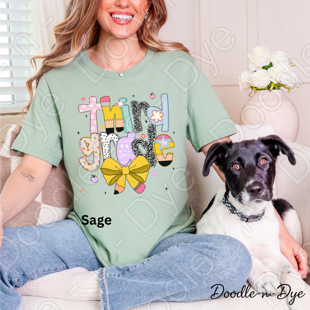 Third Grade Teacher Shirt with Pencil Bow – Bella + Canvas Back‑to‑School Tee for Teachers, Staff, Classroom Prep & First‑Day Outfits