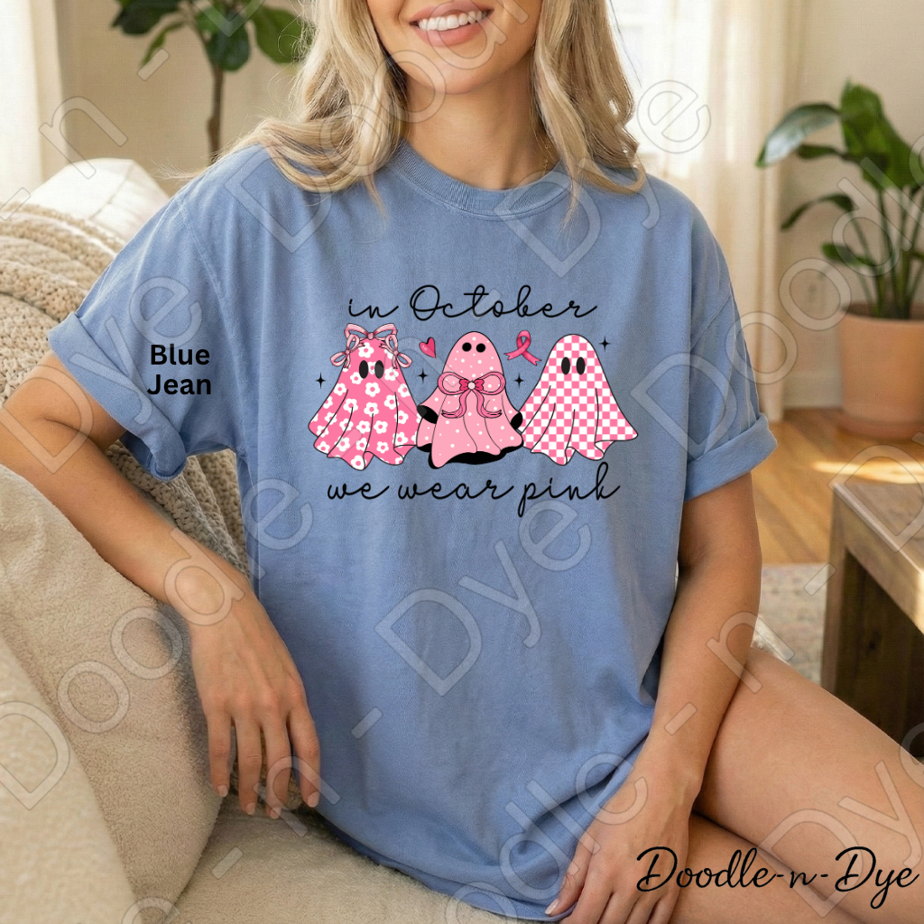 In October We Wear Pink Ghost Shirt | Breast Cancer Awareness Halloween Tee | Comfort Colors 1717 | Pink Ghost Graphic Shirt | October Cancer Support Tee