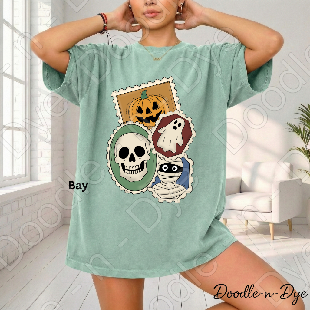 Vintage Halloween Stamp Shirt | Retro Spooky Postage Graphic Tee | Comfort Colors 1717 | Ghost Pumpkin Skull Halloween Shirt