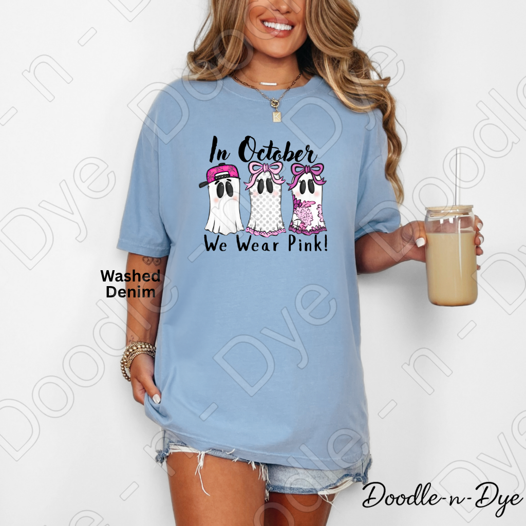 In October We Wear Pink Shirt | Doodle-n-Dye Original | Breast Cancer Awareness Ghost Tee | Comfort Colors 1717 | Cute Halloween Pink Shirt