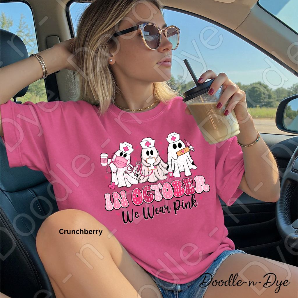 In October We Wear Pink Shirt | Breast Cancer Awareness Nurse Ghost Tee | Comfort Colors 1717 | Cute Halloween Pink Shirt | Healthcare Support Tee
