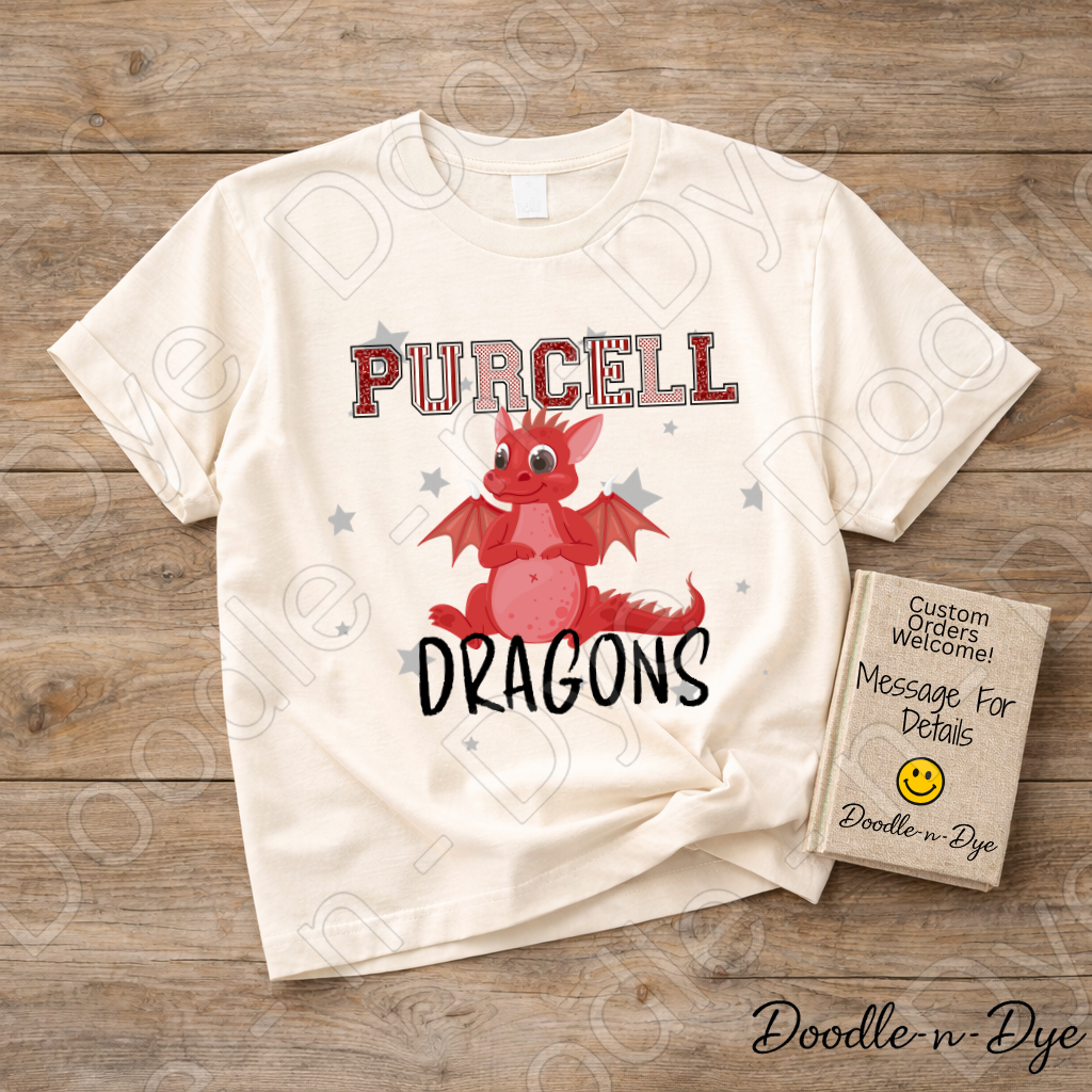 Youth Custom Whimsical Purcell Dragons School Mascot Youth Shirt, Personalized Dragon Spirit Tee, Cute School Mascot Shirt, School Pride Tee, Gift for Her, Gift for Him