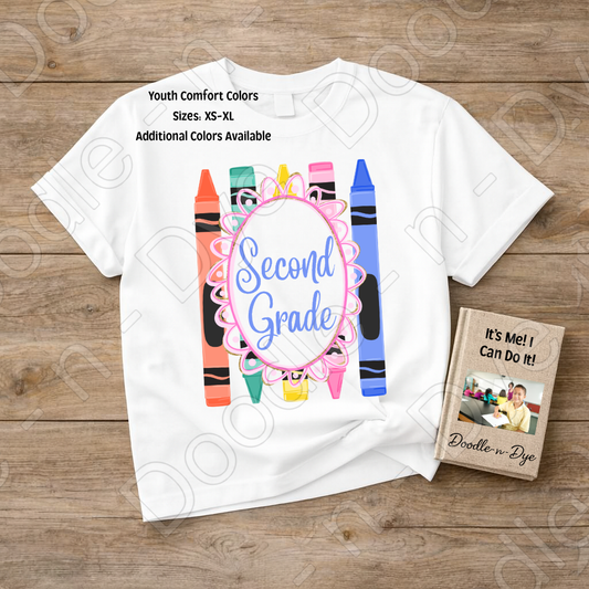 Youth Second Grade Comfort Colors Tee, Back to School Kids Shirt, Cute Classroom Photo Outfit, Colorful Crayon Second Grade Tee, Beginning of School Student Shirt