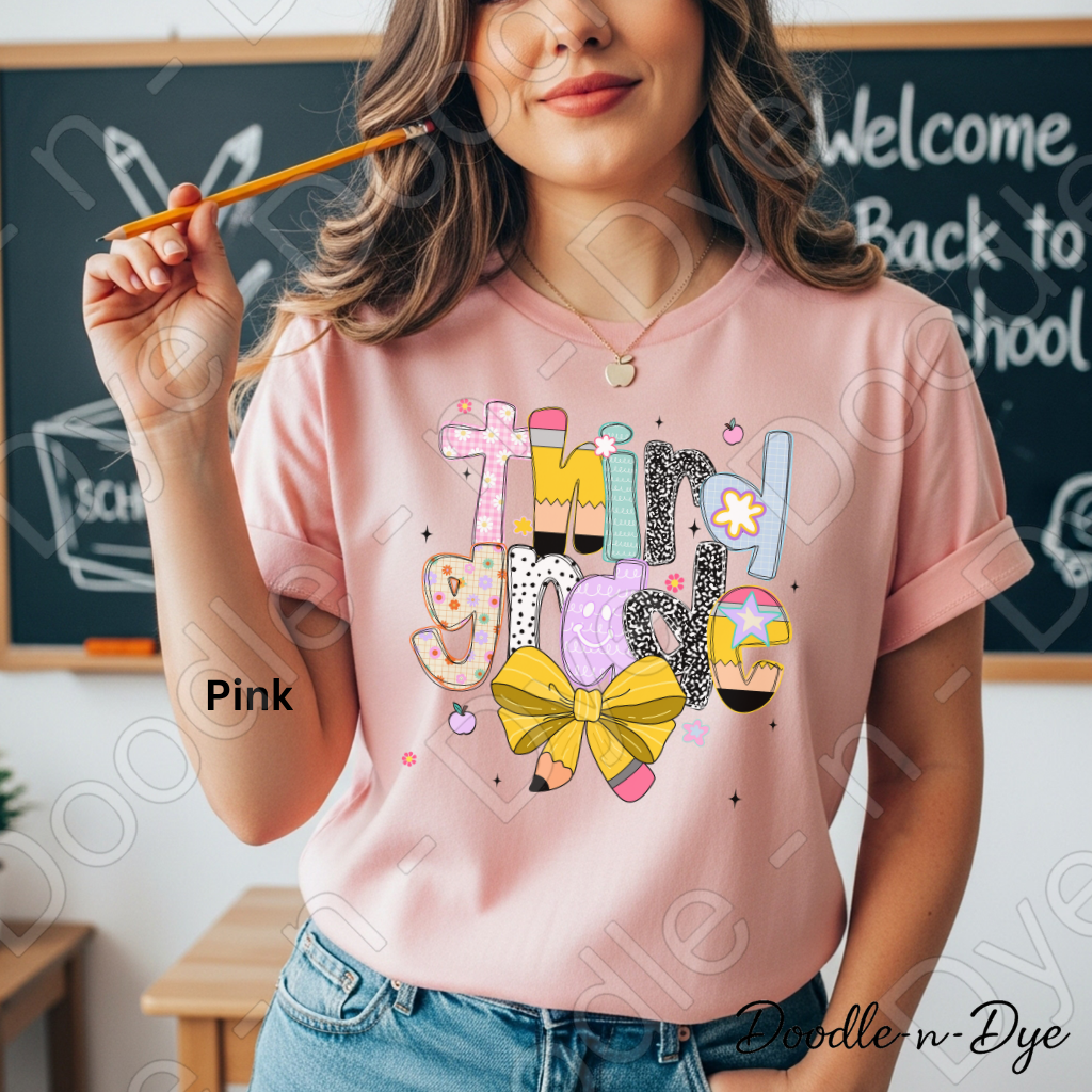 Third Grade Teacher Shirt with Pencil Bow – Bella + Canvas Back‑to‑School Tee for Teachers, Staff, Classroom Prep & First‑Day Outfits