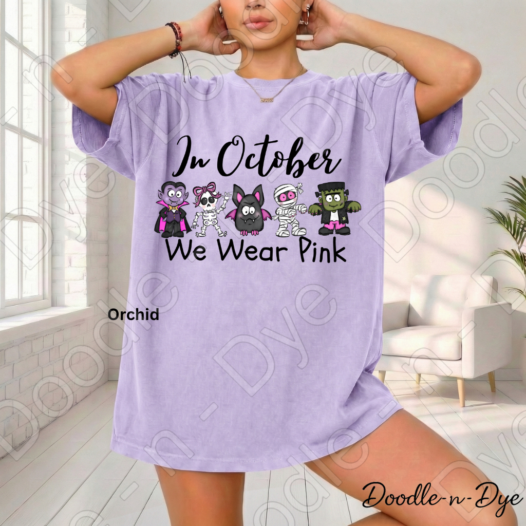 In October We Wear Pink Shirt | Doodle-n-Dye Original | Breast Cancer Awareness Tee | Comfort Colors 1717 | Cute Halloween Pink Shirt
