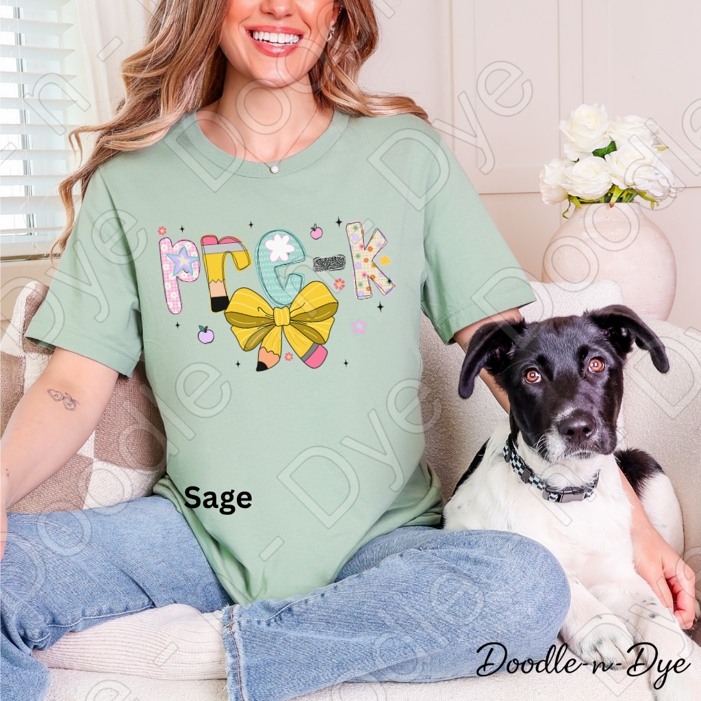 Pre‑K Teacher Shirt with Pencil Bow – Bella + Canvas Back‑to‑School Graphic Tee for Teachers, Staff, Preschool & Classroom Outfits