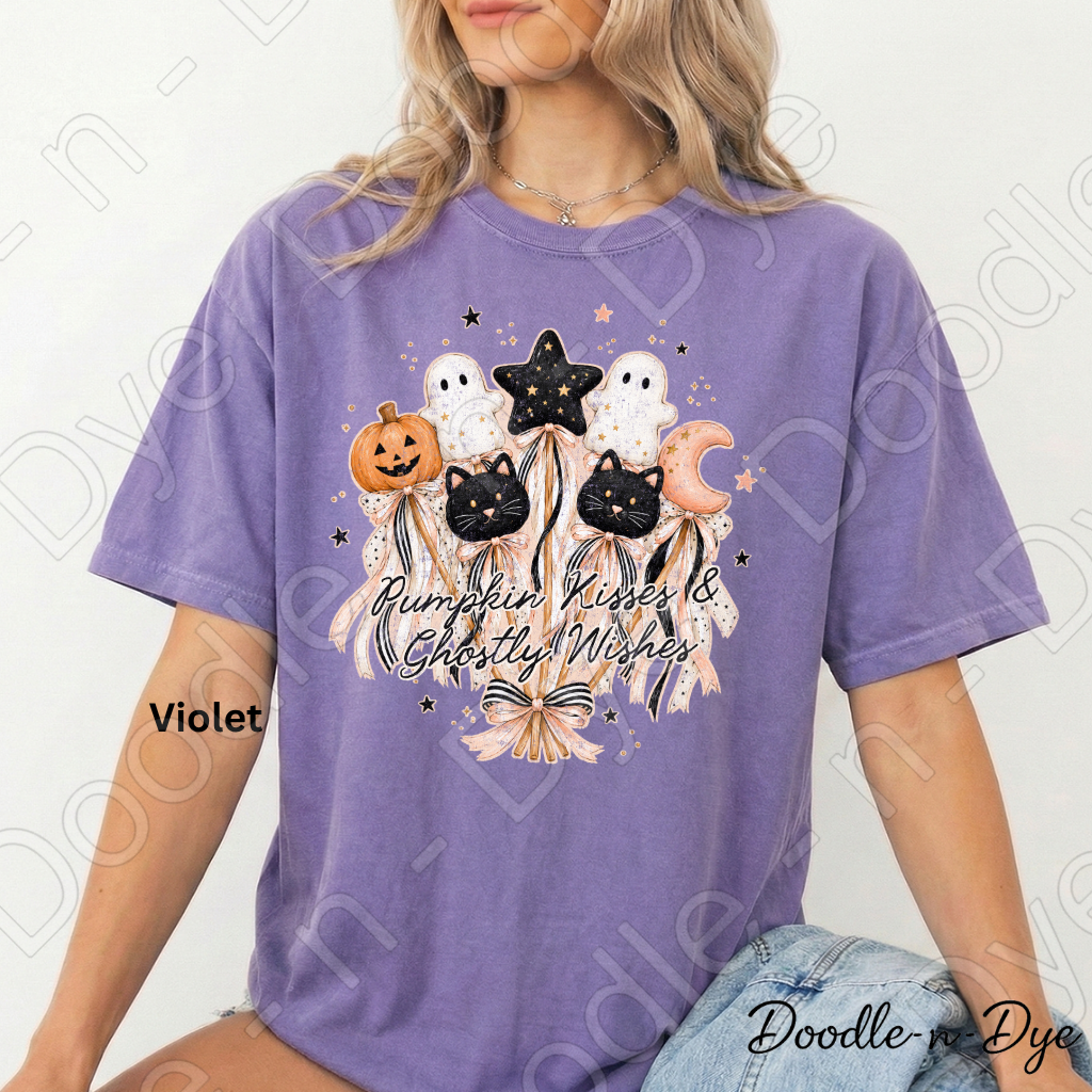 Pumpkin Kisses & Ghostly Wishes Shirt, Cute Halloween Tee, Comfort Colors Halloween Shirt, Ghost Pumpkin Cat Tee, Coquette Fall Shirt