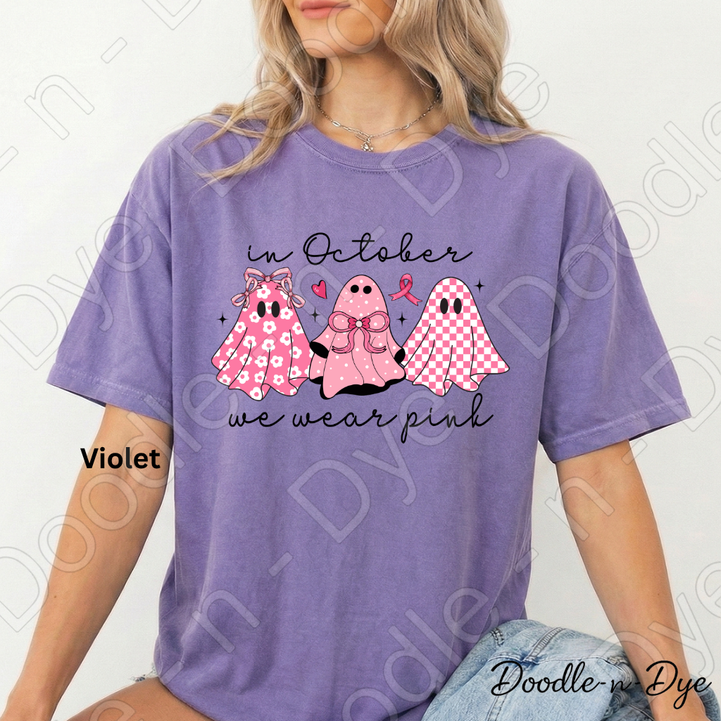 In October We Wear Pink Ghost Shirt | Breast Cancer Awareness Halloween Tee | Comfort Colors 1717 | Pink Ghost Graphic Shirt | October Cancer Support Tee