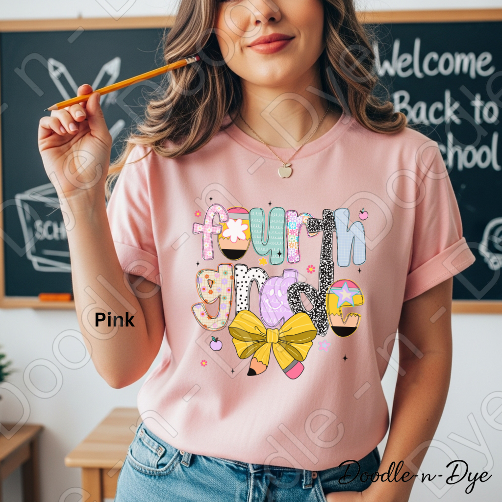 Fourth Grade Teacher Shirt with Pencil Bow – Bella + Canvas Back‑to‑School Tee for Teachers, Staff, Classroom Prep & First‑Day Outfits