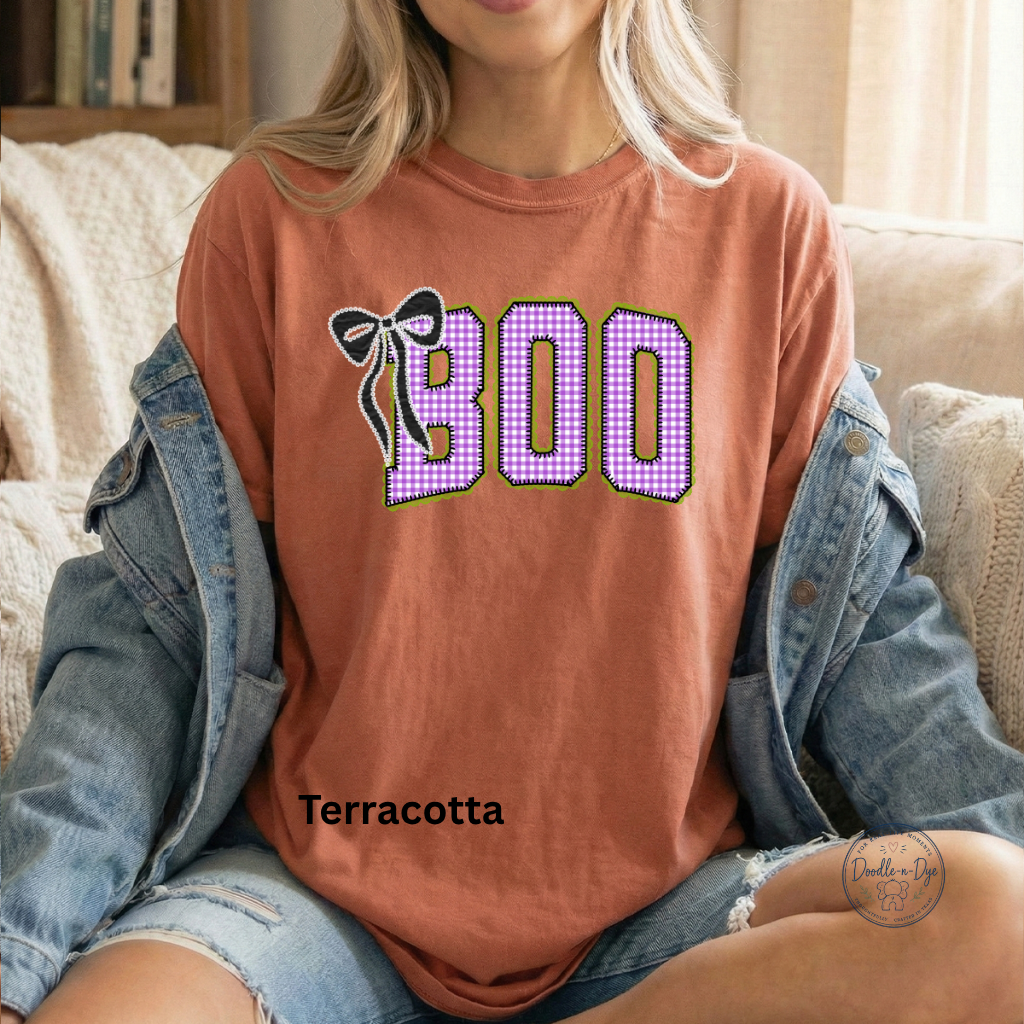 BOO Halloween Shirt | Purple Gingham Ghost Season Tee | Cute Halloween Graphic Shirt | Comfort Colors® 1717 Fall T-Shirt | Coquette Halloween Tee