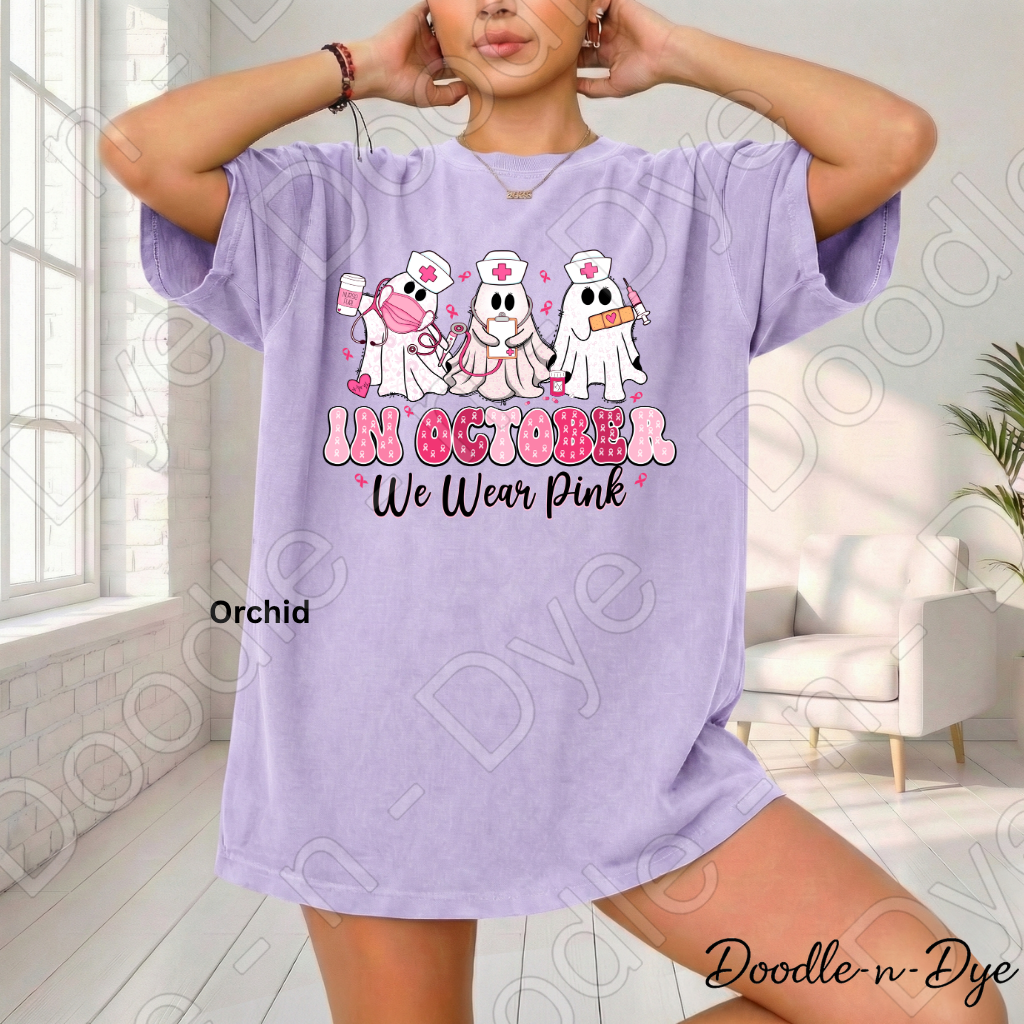 In October We Wear Pink Shirt | Breast Cancer Awareness Nurse Ghost Tee | Comfort Colors 1717 | Cute Halloween Pink Shirt | Healthcare Support Tee
