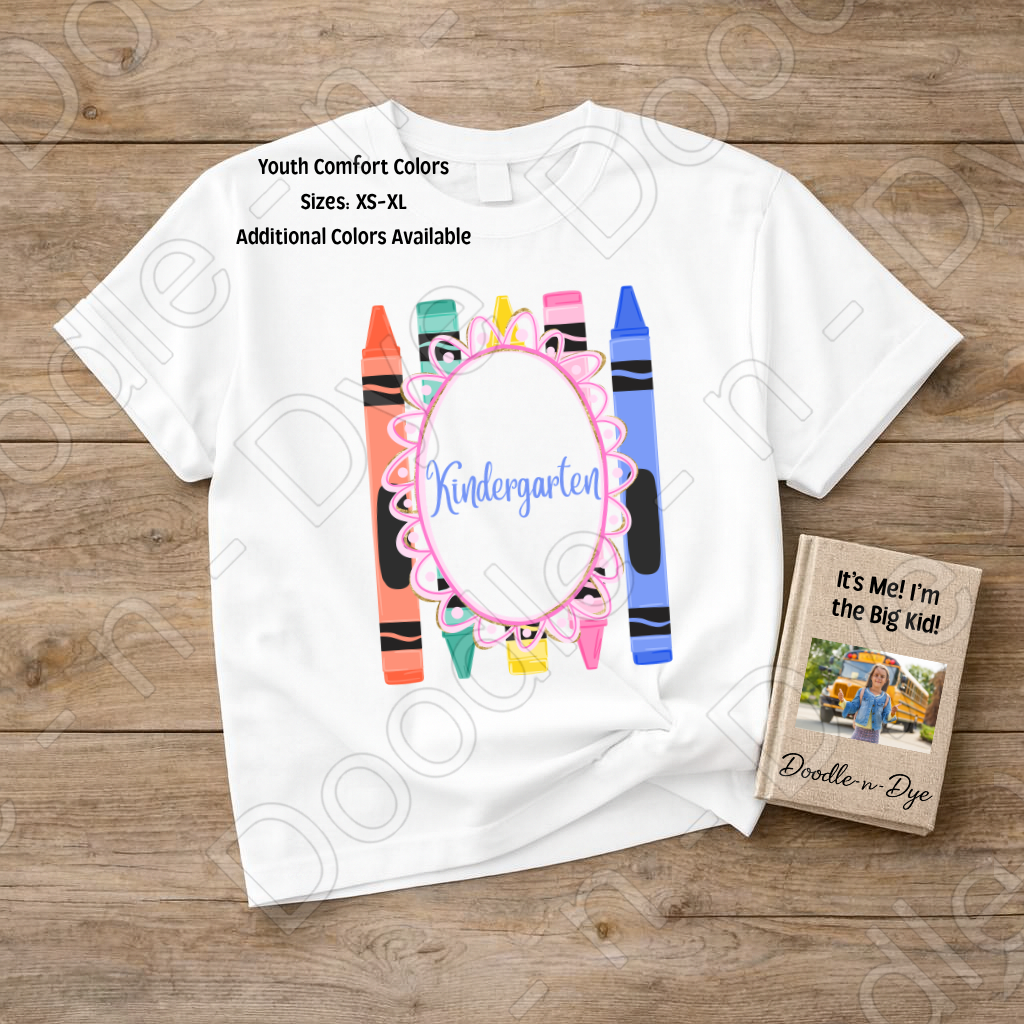 Youth Kindergarten Comfort Colors Tee, Back to School Kids Shirt, Cute Classroom Photo Outfit, Colorful Crayon Kindergarten Tee, Beginning of School Student Shirt