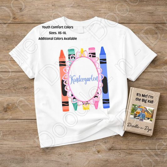 Youth Kindergarten Comfort Colors Tee, Back to School Kids Shirt, Cute Classroom Photo Outfit, Colorful Crayon Kindergarten Tee, Beginning of School Student Shirt
