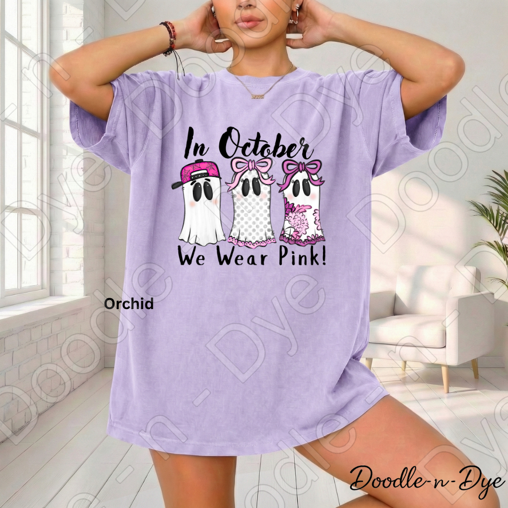 In October We Wear Pink Shirt | Doodle-n-Dye Original | Breast Cancer Awareness Ghost Tee | Comfort Colors 1717 | Cute Halloween Pink Shirt