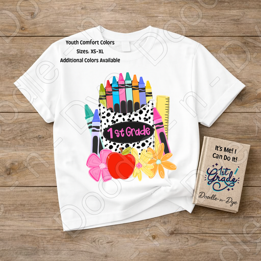 Youth 1st Grade Comfort Colors Tee, Back to School Kids Shirt, Cute Classroom Photo Outfit, Colorful Crayon Pocket First Grade Tee, Beginning of School Student Shirt