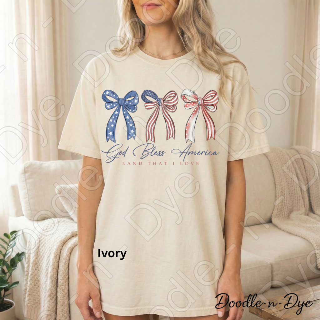 God Bless America Bow Shirt – Patriotic Comfort Colors USA Tee - Land That I love Coquette Bow T-Shirt
