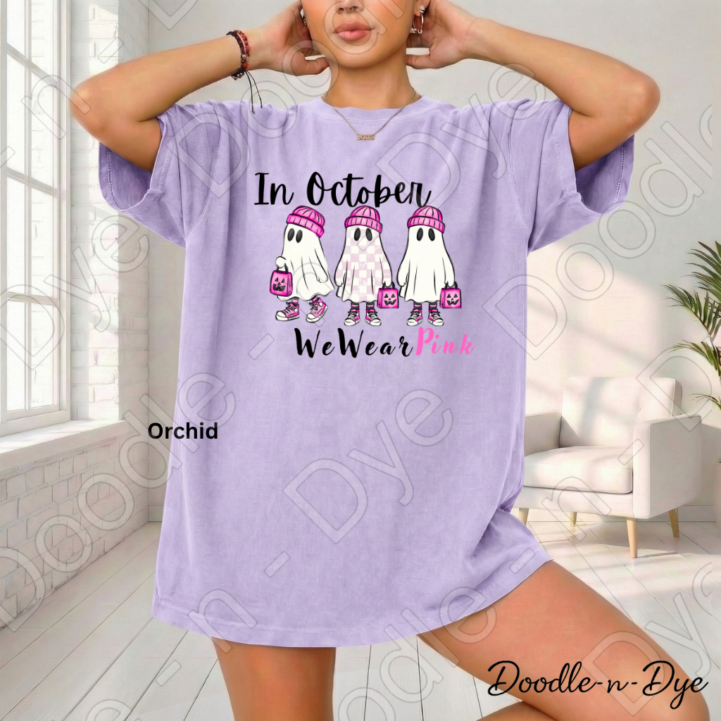 In October We Wear Pink Ghost Shirt | Breast Cancer Awareness Tee | Comfort Colors 1717 | Cute Halloween Ghost Shirt | October Pink Tee
