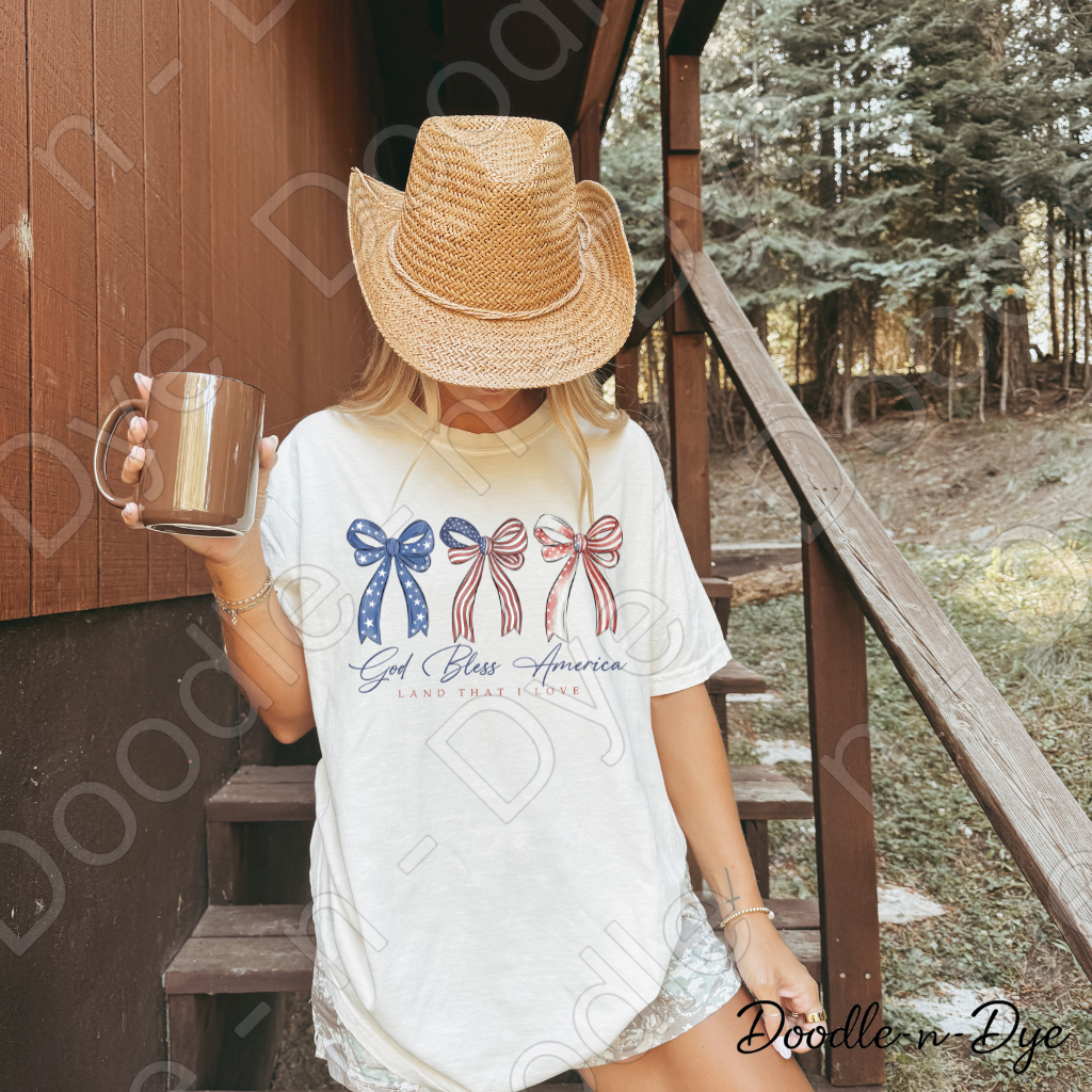 God Bless America Bow Shirt – Patriotic Comfort Colors USA Tee - Land That I love Coquette Bow T-Shirt