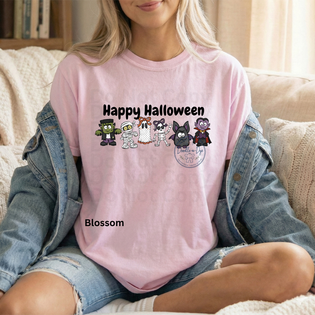 Happy Halloween Shirt | Original Cute Halloween Character Tee | Comfort Colors® 1717 Ghost Pumpkin Frankenstein Shirt | Family Halloween Tee
