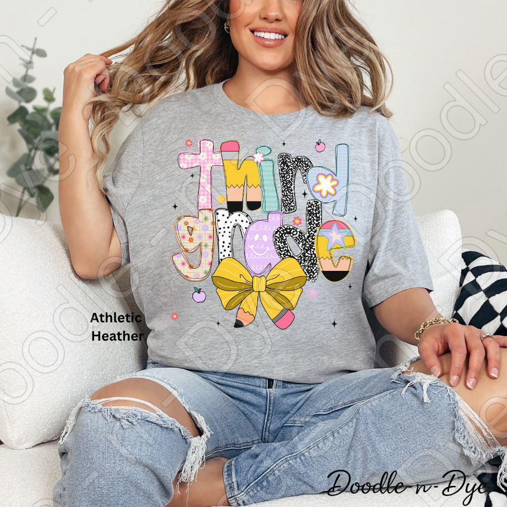 Third Grade Teacher Shirt with Pencil Bow – Bella + Canvas Back‑to‑School Tee for Teachers, Staff, Classroom Prep & First‑Day Outfits