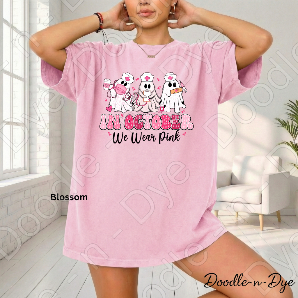 In October We Wear Pink Shirt | Breast Cancer Awareness Nurse Ghost Tee | Comfort Colors 1717 | Cute Halloween Pink Shirt | Healthcare Support Tee