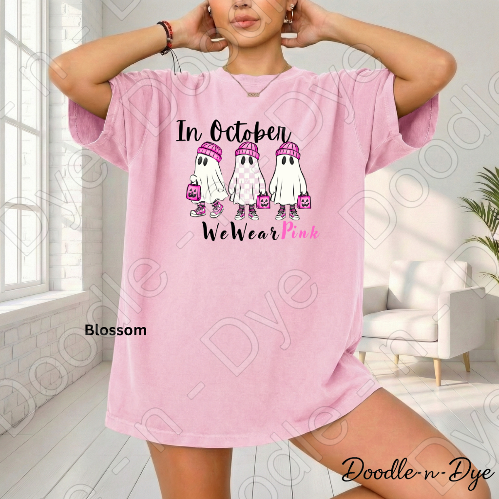In October We Wear Pink Ghost Shirt | Breast Cancer Awareness Tee | Comfort Colors 1717 | Cute Halloween Ghost Shirt | October Pink Tee