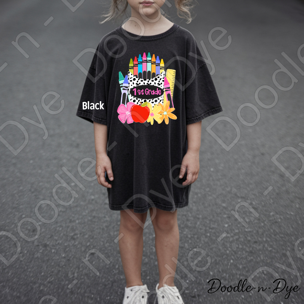 Youth 1st Grade Comfort Colors Tee, Back to School Kids Shirt, Cute Classroom Photo Outfit, Colorful Crayon Pocket First Grade Tee, Beginning of School Student Shirt