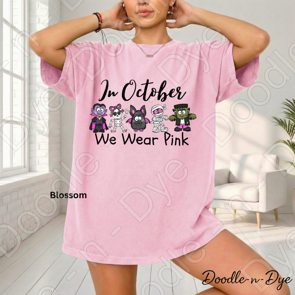 In October We Wear Pink Shirt | Doodle-n-Dye Original | Breast Cancer Awareness Tee | Comfort Colors 1717 | Cute Halloween Pink Shirt
